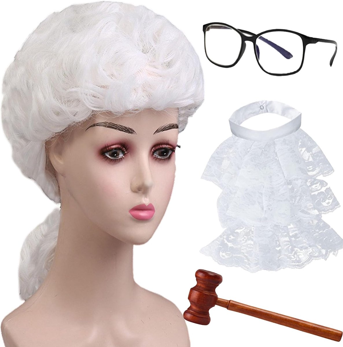 4PCS Rechter Pruik, Rechter Kostuum Accessoires met Bril, Gavel en Kragen, Rechter Rechtbank Advocaat Pruik, Rollenspel Rekwisieten, Halloween Make-Up Thema, Stage Performance, Wit Haar (vrouw)