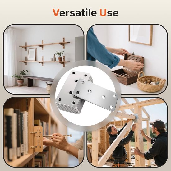 12 stuks platte connectoren, 80 × 40 × 2 mm geperforeerde platen, houten connectoren, geperforeerde platen voor houtverbindingen, meubelbouw, planksteunen, versterkingshoek, zilver — afbeelding 3