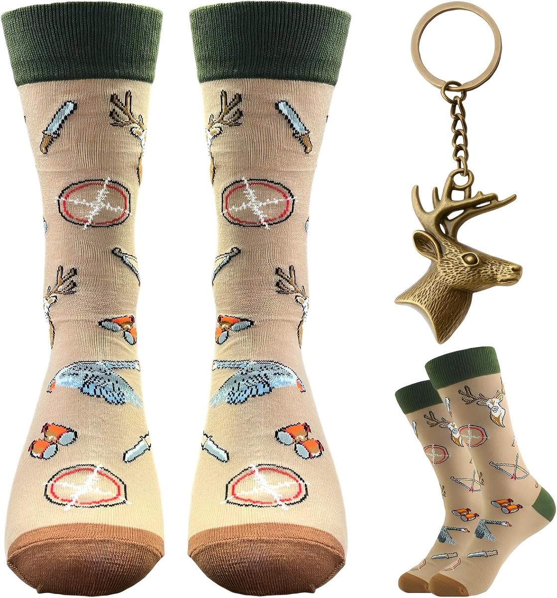 Cadeau voor jagers, grappige sokken 38-45 en hertenkop-sleutelhanger, gepersonaliseerde sokken, voor jagersgeschenken, jachtaccessoires, jachtkleding, cadeau jagers, grappige cadeaus voor mannen