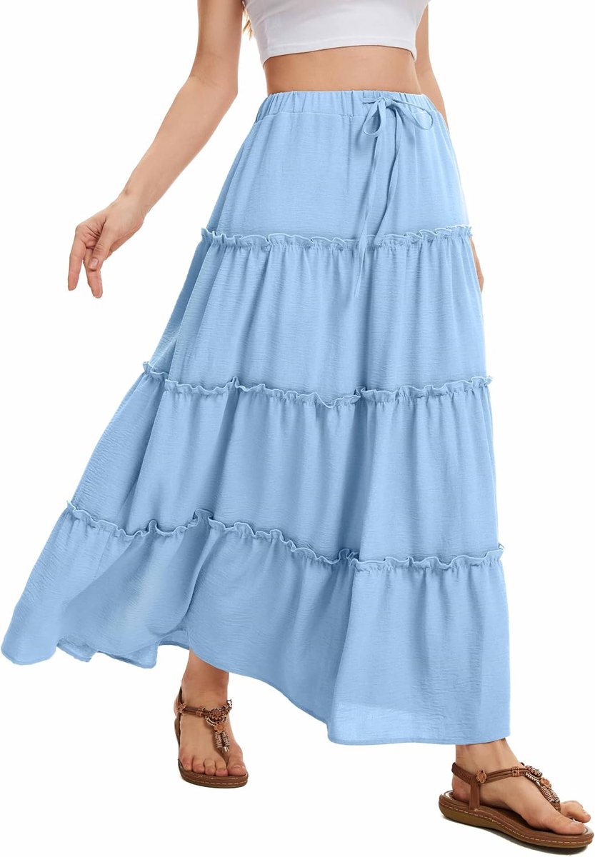 Maxi Rok voor Dames Elastische Hoge Taille met Trekkoord Zomerse Gelaagde Lange Rok met 2 Zakken Voor Dagelijks Gebruik Vakantie & Casual Draag
