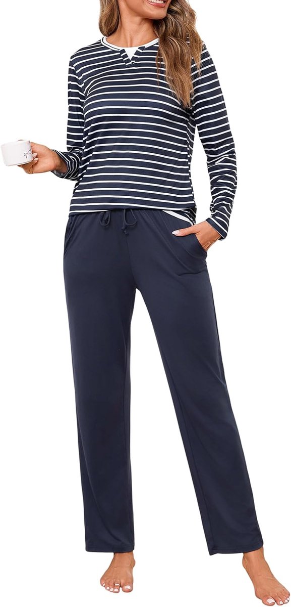 winterpyjama van katoen, tweedelige pyjama voor dames, lange mouwen, gestreept T-shirt en lange broek met zakken, zacht en comfortabel
