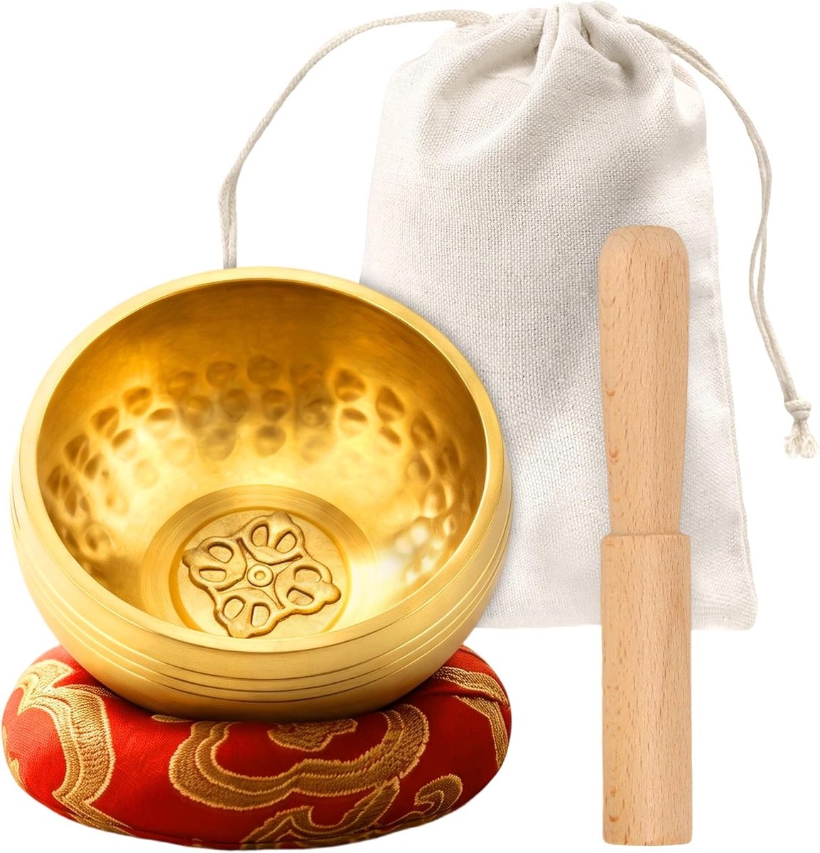 Klankschaal klein, klankschaal koper 8 cm goud met kruisschubbenpatroon, accessoires met houten staaf, ringkussen en stoffen zak voor meditatie en yoga