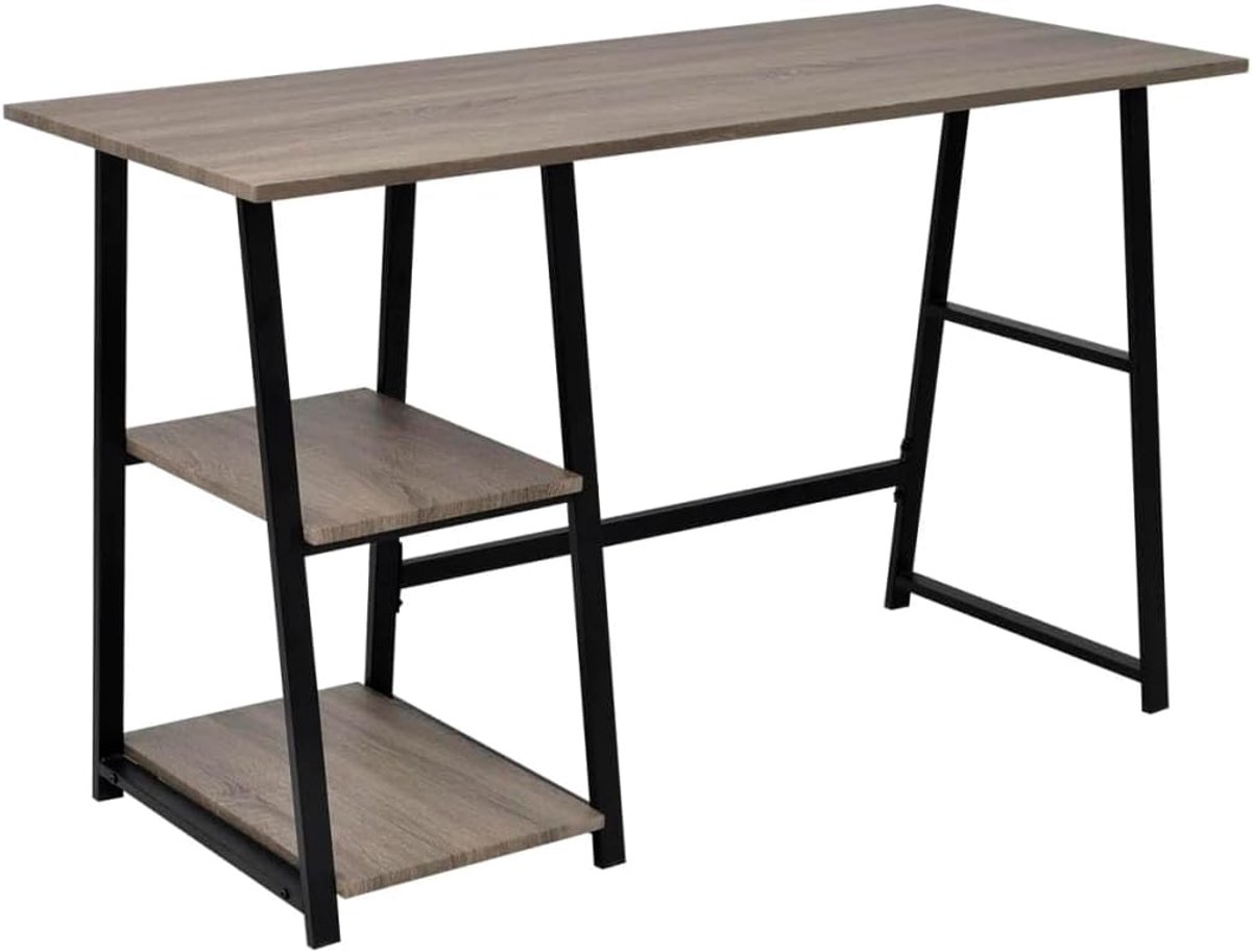 Bureau met 2 planken, grijs en eiken, bureau met planken, MDF en robuust metaal, voor werkkamer of woonkamer