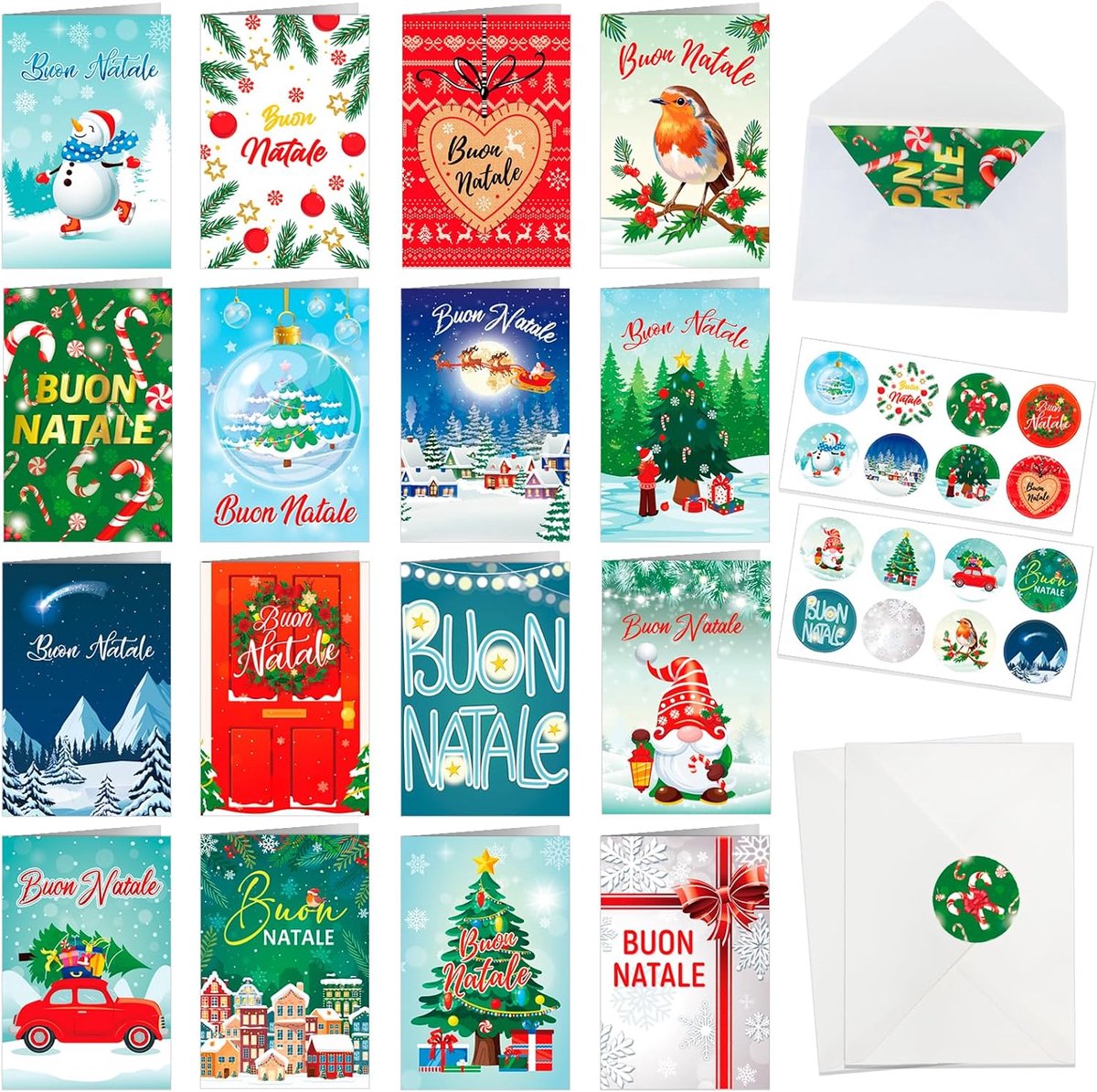 Dailygoods- Kerstkaarten Set 16 Stuks - Italiaanse Kerstkaarten - Met Enveloppen - Inclusief Stickers - Vrolijk Kerst - Uniek Design - Wenskaarten