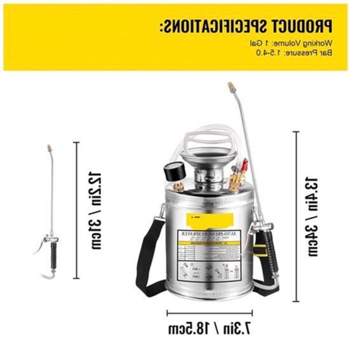 RVS Tuinsproeier - Rugspuit - Onkruidsproeier - Sproeier - Drukspuit - 4L - Handpomp - Verstelbare Messing Nozzle - voor Tuin - Reiniging - Desinfectie