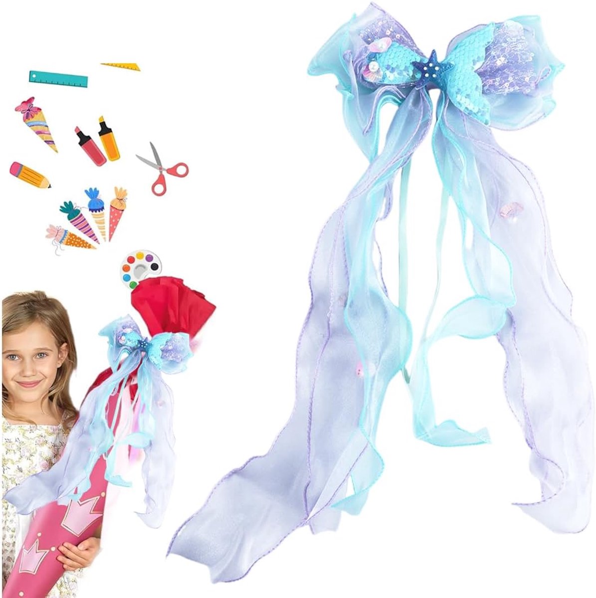 Dailygoods- Snoepzakje Uniek Ontwerp - Strik - Schooldecoratie - Meisjes - Driedimensionale Zeemeerminstaart - 40 x 20 cm - Decoratiestrik
