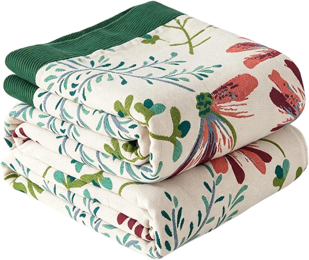 150 x 200 cm, premium katoenen deken voor bank en bed, lichte woondeken als sprei, ademende knuffeldeken voor elk seizoen, zachte deken met bloemenpatroon