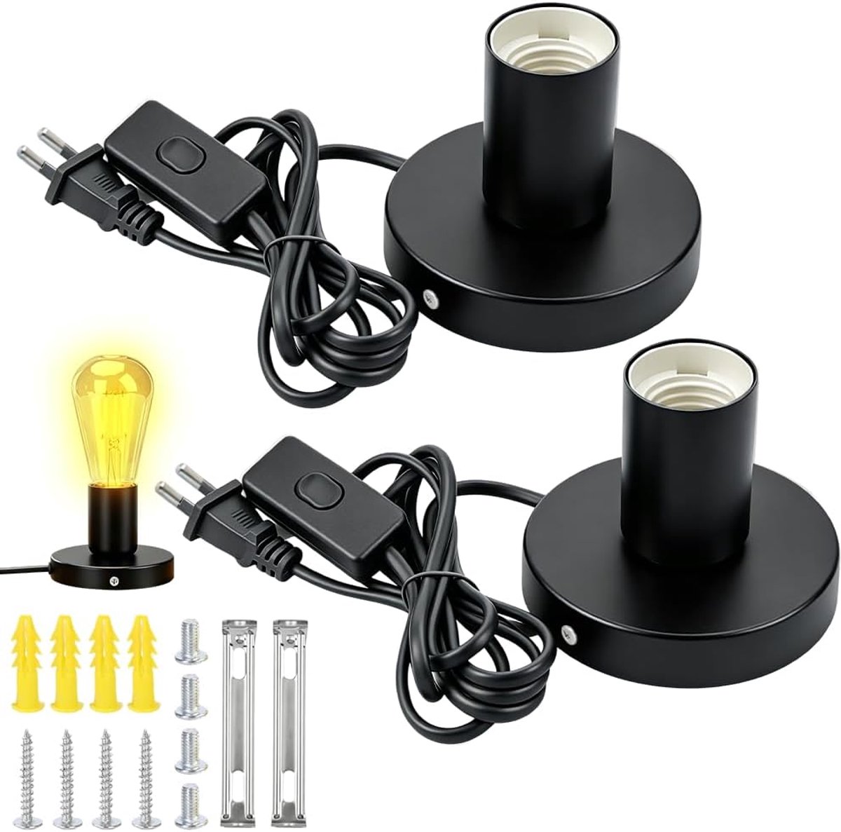 2 stuks bureaulamp, lampfitting E27 met kabelschakelaar, vintage E27 tafellampvoet, industriële fitting met stekker, 1,8 m netsnoer, voor slaapkamer, woonkamer, kantoor (zwart)