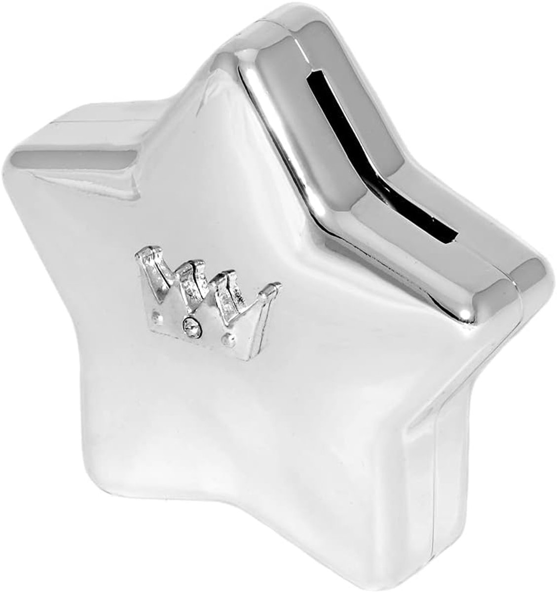 Baby Spaarpot Ster verzilverd Doopcadeau met Gravure Metaal Spaarpot Zilver met Naam gepersonaliseerd (Ster met Kroon, Gravure tot 15 Tekens)