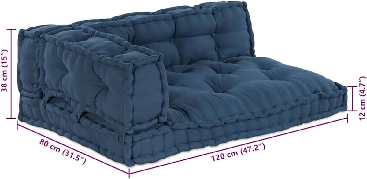 Kussenset 3-delig, indigo, zachte stof met schuimvulling, 120 x 80 x 38 cm, flexibel inzetbaar in de woonkamer of op het terras