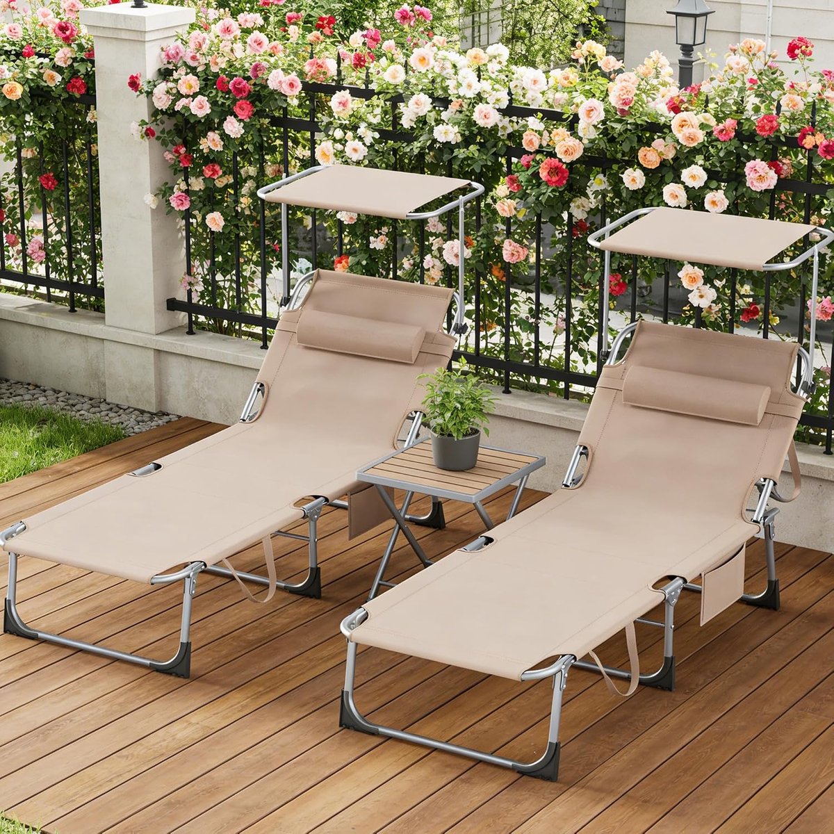 2 stuks grote ligstoel met dak, 194 x 67,5 x 29 cm, tuinligstoel, inklapbaar, ligstoel tuin met verstelbare rugleuning, zijvak, hoofdkussen, tot 150 kg, voor tuin (kaki)