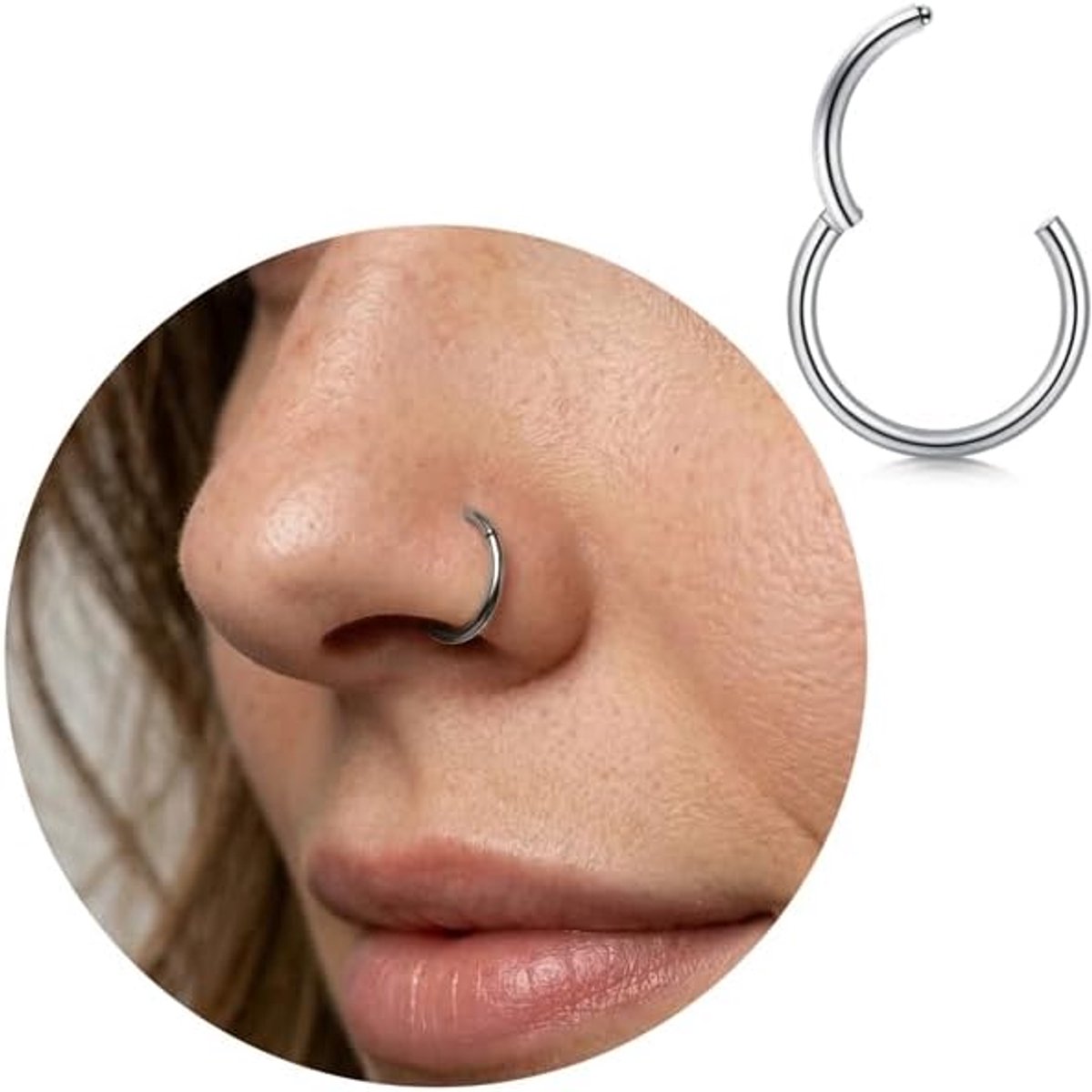 Titanium neusring, neuspiercing, ring, hoepel clicker, hypoallergene segmentring, piercing voor neus, septum, helix, tragus, conch, lip, zilver, goud, 16G, 18G, 20G, dikte & 6 mm, 8 mm, 10