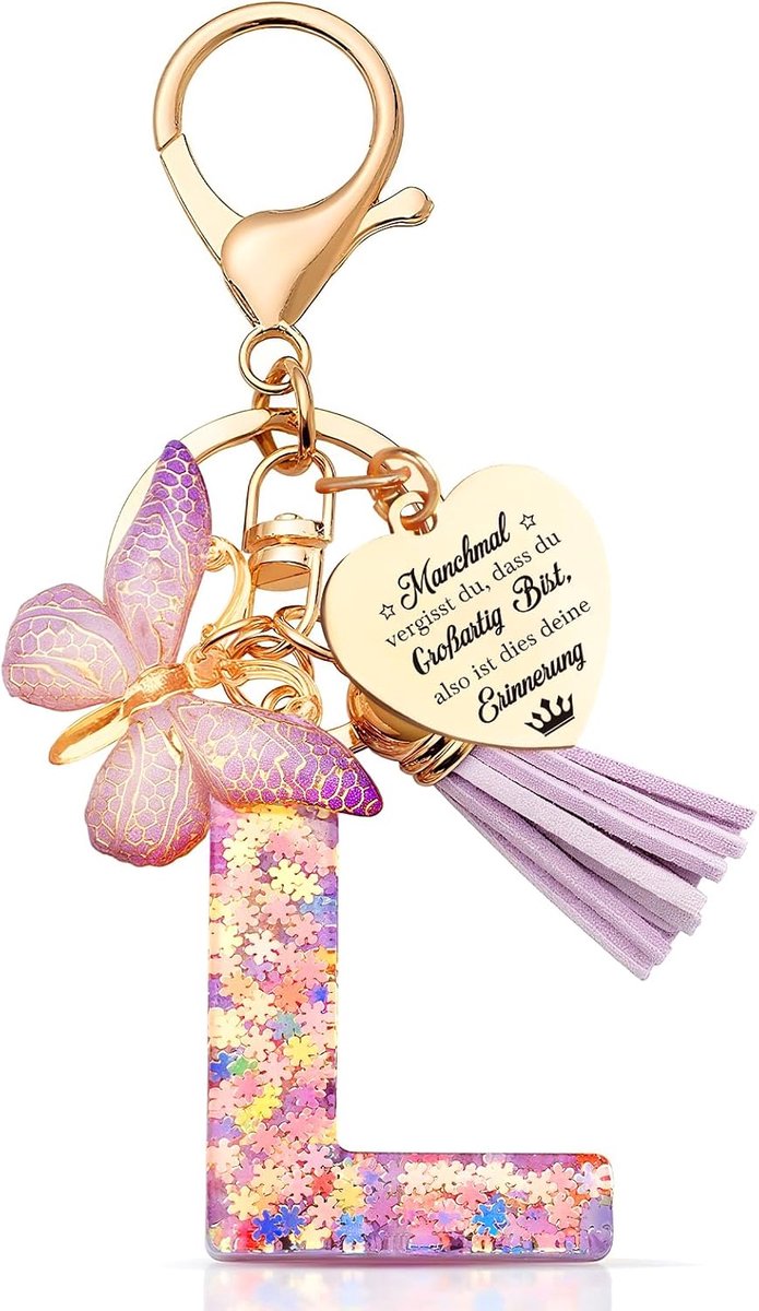 Sleutelhanger met initiële brief, vrouwen kwastje vlinder hanger roze paars schattige autosleutelhanger, paars en goud hars alfabet sleutelhanger voor portemonnee, gepersonaliseerde