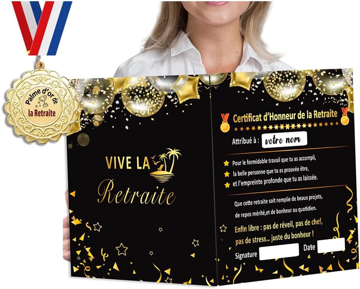 Pensioencadeau – enorme pensioenkaart, opvouwbaar, 42 x 28 cm + humoristische medaille + erecertificaat, origineel cadeau-idee voor afscheiding op kantoor, heren, dames, collega's, vrienden