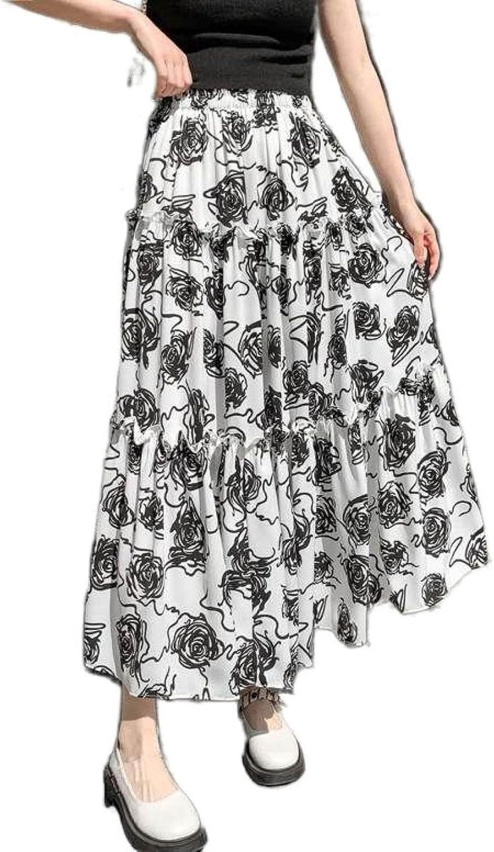 Geplooide Halflange Rok Met Hoge Taille - Zomer Franse Retro Mozaïek Chiffon Print Plooirok Met Houten Oren, Modieuze Huidvriendelijke Zachte A-Lijn Rok,Abrikoos,One Size