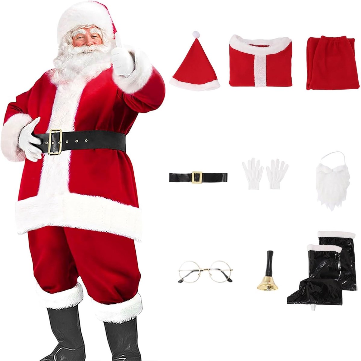 Kerstmankostuum voor volwassenen, 9-delige partyset bestaande uit fluwelen jurk, hoed, riem, laarsbedekkingen, baard en ideaal voor feestjes en uitvoeringen.