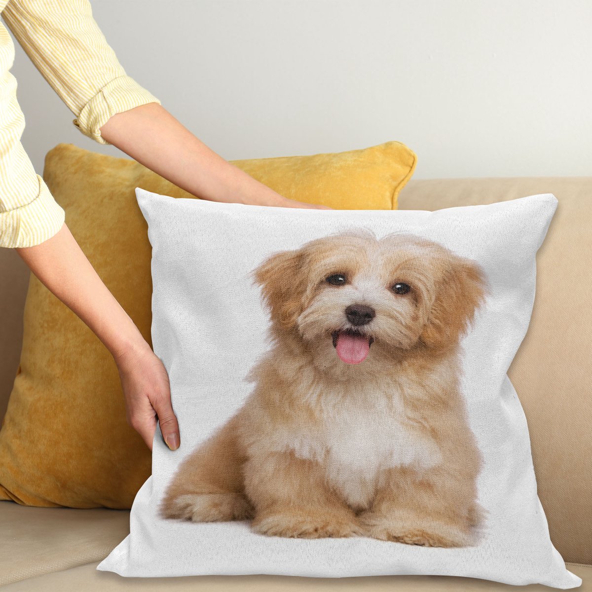 ABAKUHAUS Cartoon Sierkussenhoes, Vrolijk Reddish Havanese Dog met Expression Domestic Pet Dieren, Decoratieve Vierkante Sierkussenhoes, 40 x 40 cm, Licht Bruin Wit