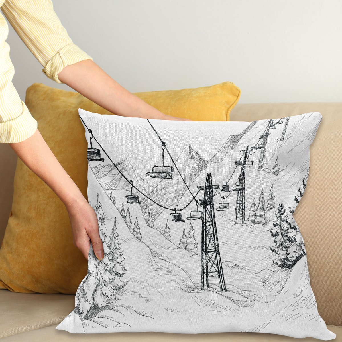 ABAKUHAUS Winter Sierkussenhoes, Ski Lift met Fir Bomen Monochroom Seizoensgebonden Holiday Destination Thema Schets, Decoratieve Vierkante Sierkussenhoes, 60 x 60 cm, Wit en Zwart