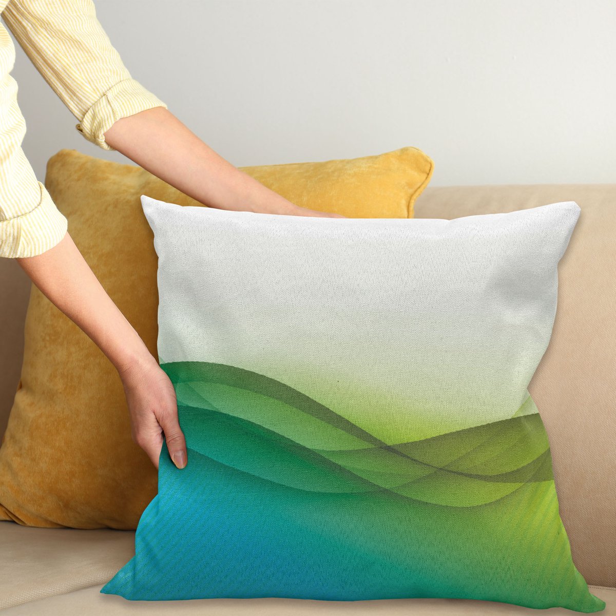 ABAKUHAUS Abstract Sierkussenhoes, Modern Circled Wavy Zoals Groen Kleur Regenboog Seem Ombre Kunstwerk, Decoratieve Vierkante Sierkussenhoes, 40 x 40 cm, Wit Groen