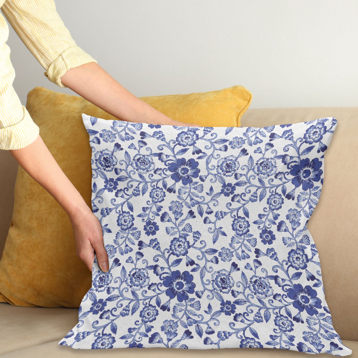ABAKUHAUS Bloemen Sierkussenhoes, Swirly Bloemen Patroon Folk Cultural Bloemblaadjes Cold Tinten van Botanisch Tuin Kunstwerk, Decoratieve Vierkante Sierkussenhoes, 45 x 45 cm, Wit Blauw