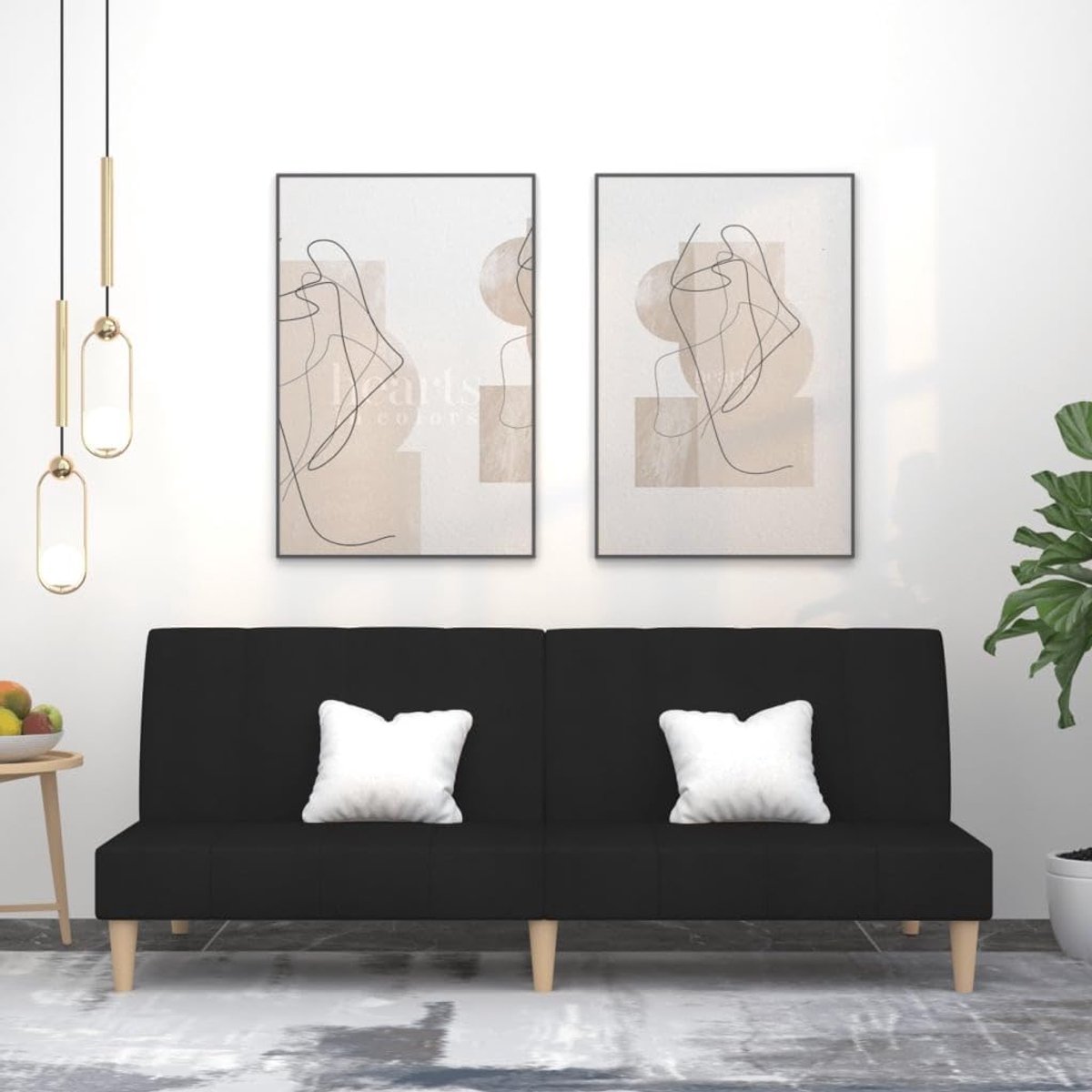 Opklapbare slaapbank, 2-zits, zwart, stoffen bed-set met twee aparte rugleuningen, voor woonkamer en kantoor