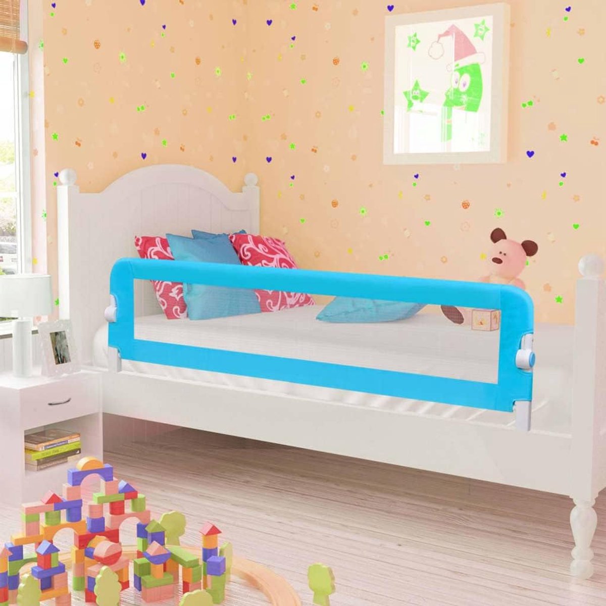 Veiligheidsleuning voor kinderbed, reling voor bedden, in hoogte verstelbaar, inklapbaar, voor kinderbed, bescherming tegen vallen, polyester, blauw, 120 x 42 cm