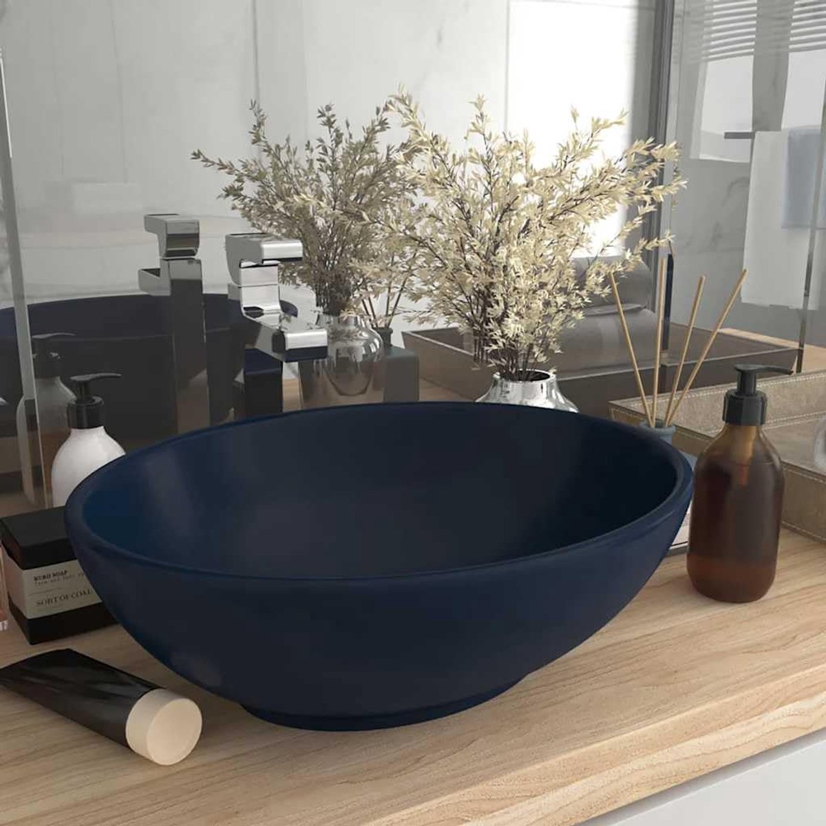 Opzetwastafel 400 x 330 x 135 mm van keramiek mat donkerblauw voor badkamer gastentoilet wastafel