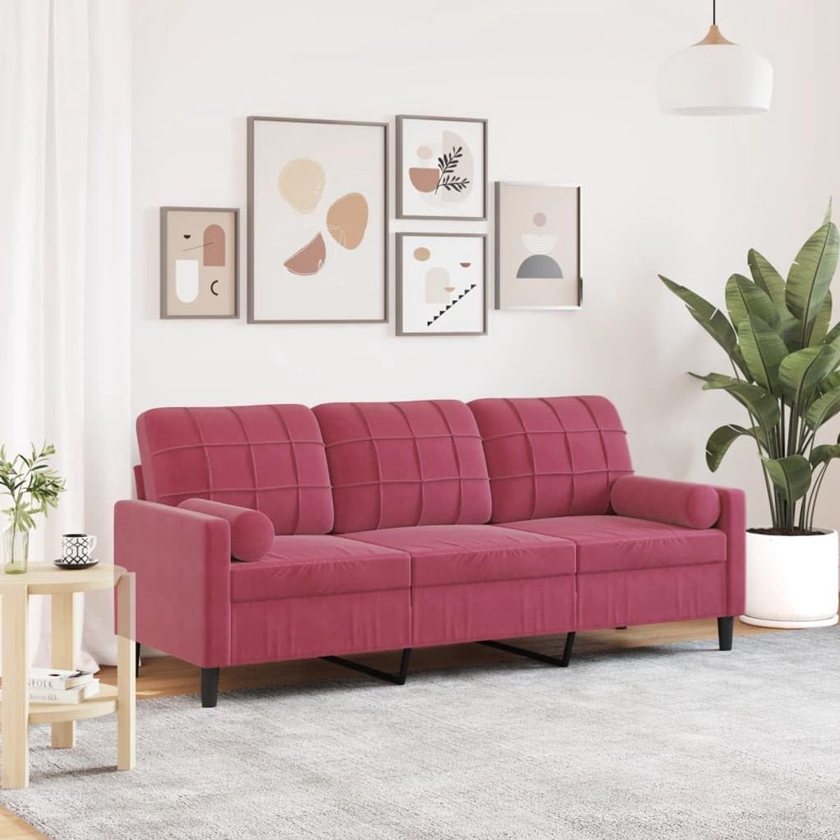 3-zitsbank, 180 cm, fluwelen stof, wijnrood, met sierkussens, comfortabel gestoffeerde meubels met metalen frame en afneembare hoezen voor de woonkamer