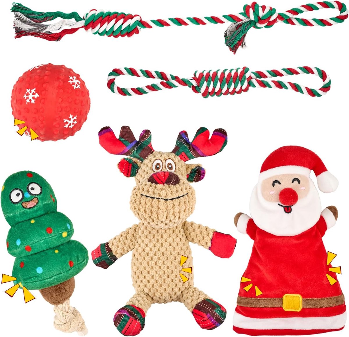 Hondenspeelgoed, kerstcadeauset (6-pack) voor kleine en grote honden, interactieve hondenspelletjes met piepspeelgoed, touwspeelgoed, rubberen bal en pluche speelgoed