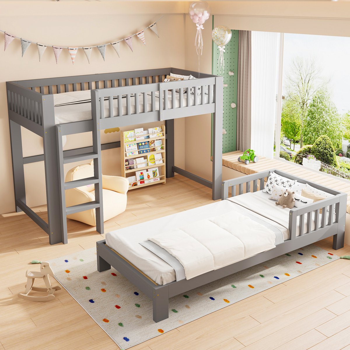 Zubaliya Modulair stapelbed 90 x 200 cm - van massief hout met 2 bedden en lattenbodems - grijs
