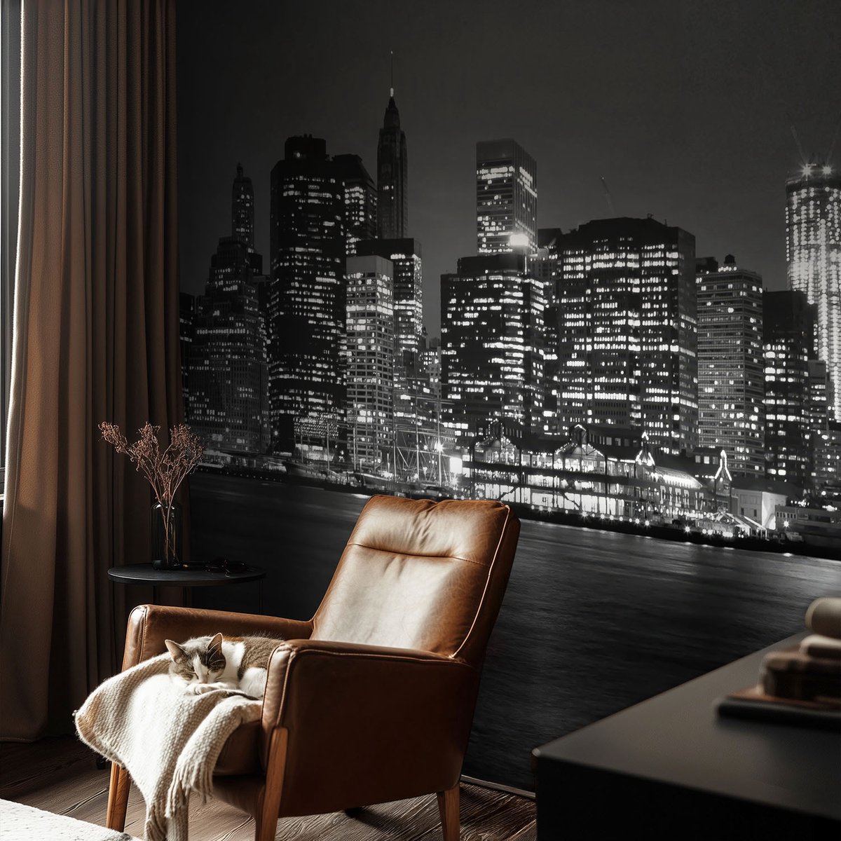 Coloray Vliesbehang - Zwart-Wit Snellijm Behang - 104x70 cm - Nachtmetropool Muurschildering - Gang behang Steden - Fotobehang Vlies - Slaapkamer behang