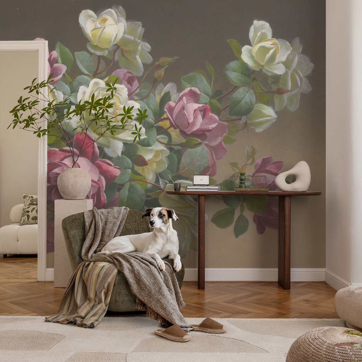 Coloray Vliesbehang - Wit Snellijm Behang - 104x70 cm - Bloemige Elegantie Muurschildering - Gang behang Bloemen En Planten - Fotobehang Vlies - Slaapkamer behang