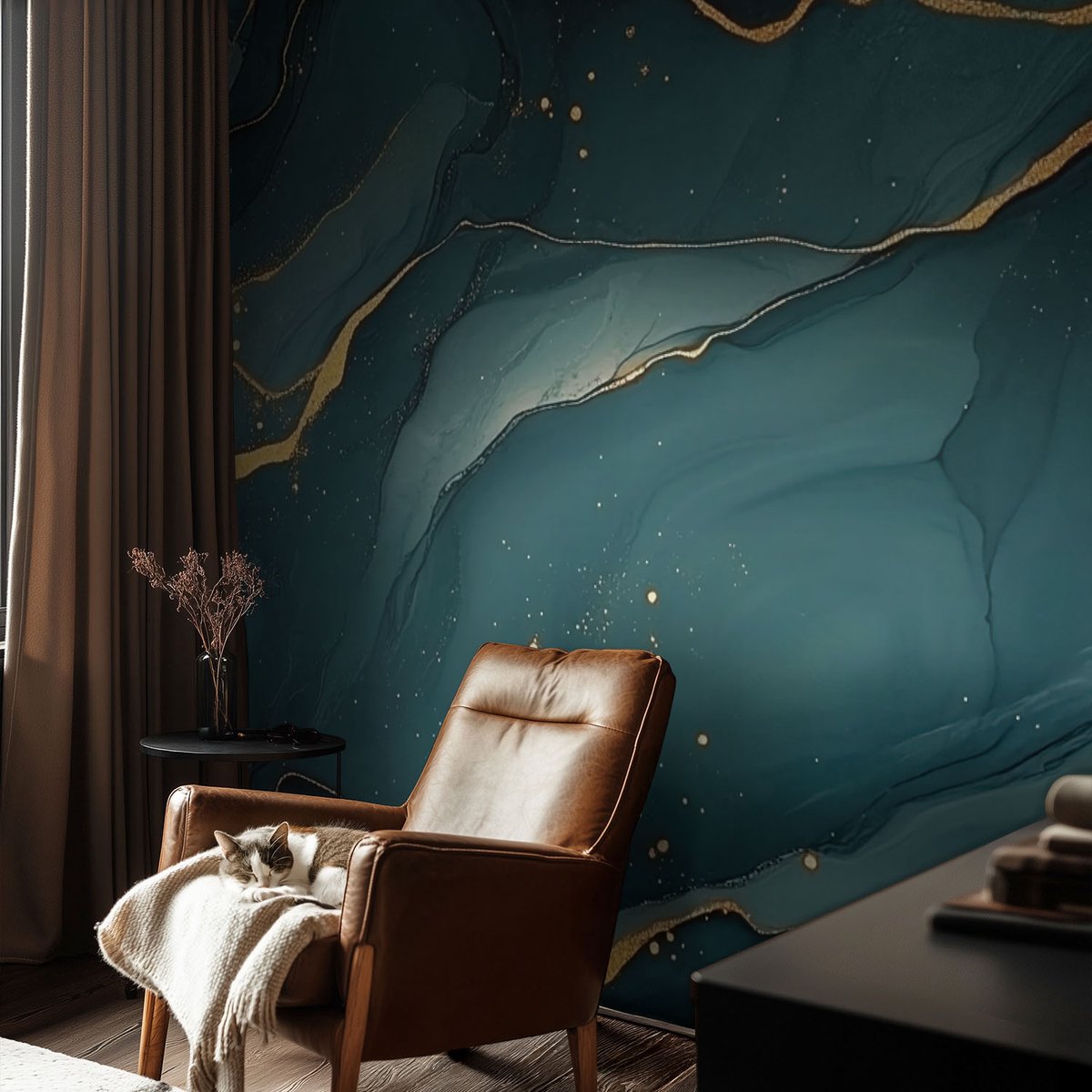 Coloray Vliesbehang - Turkoois Snellijm Behang - 104x70 cm - Donkerblauwe Abstractie Muurschildering - Slaapkamer behang Abstractie - Fotobehang Vlies - Slaapkamer behang