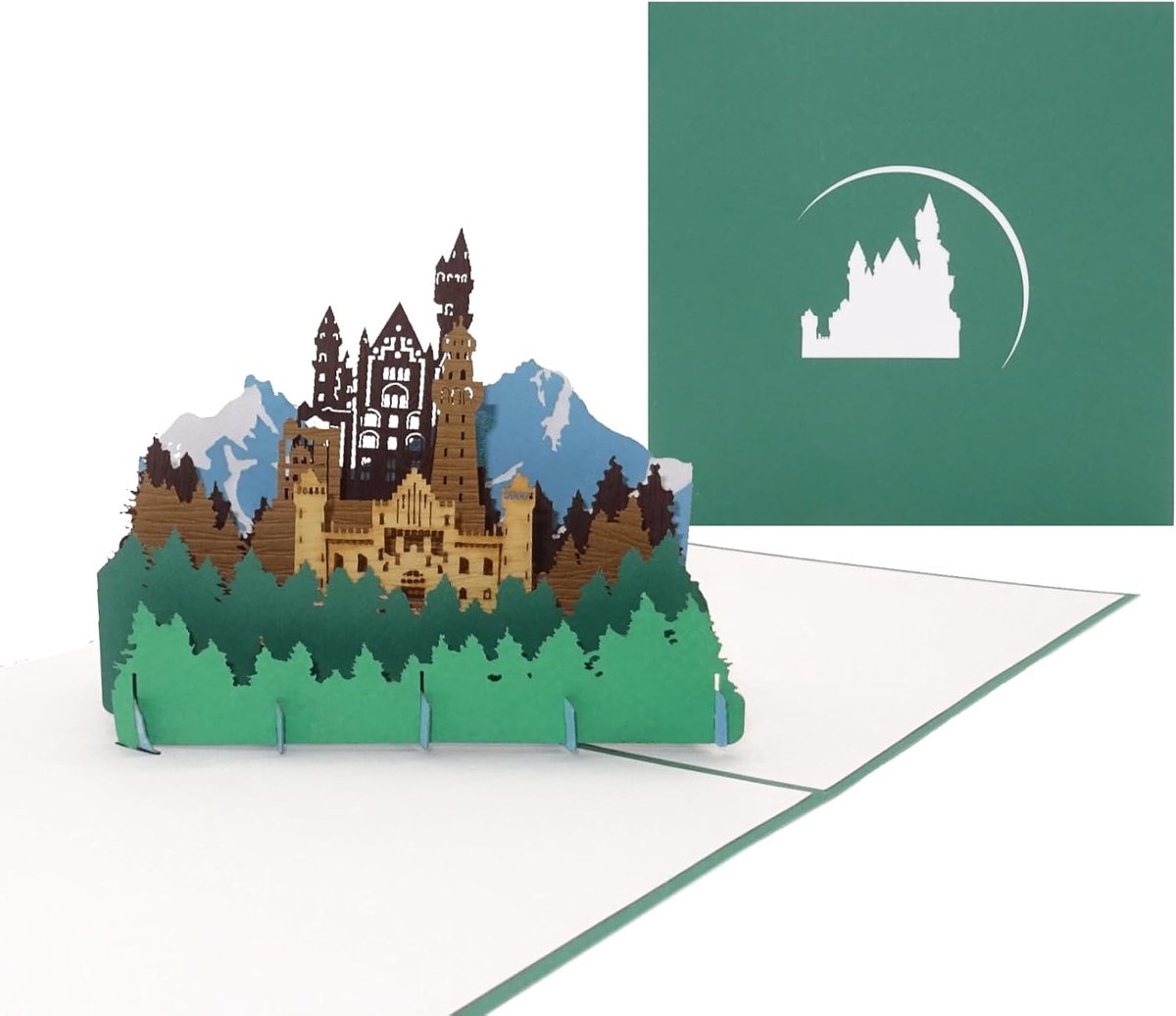 kaart"Bergpanorama & Kasteel" 3D wenskaart met model German Castle als souvenir, cadeau, verjaardagskaart & uitnodiging voor wandelen in Beieren
