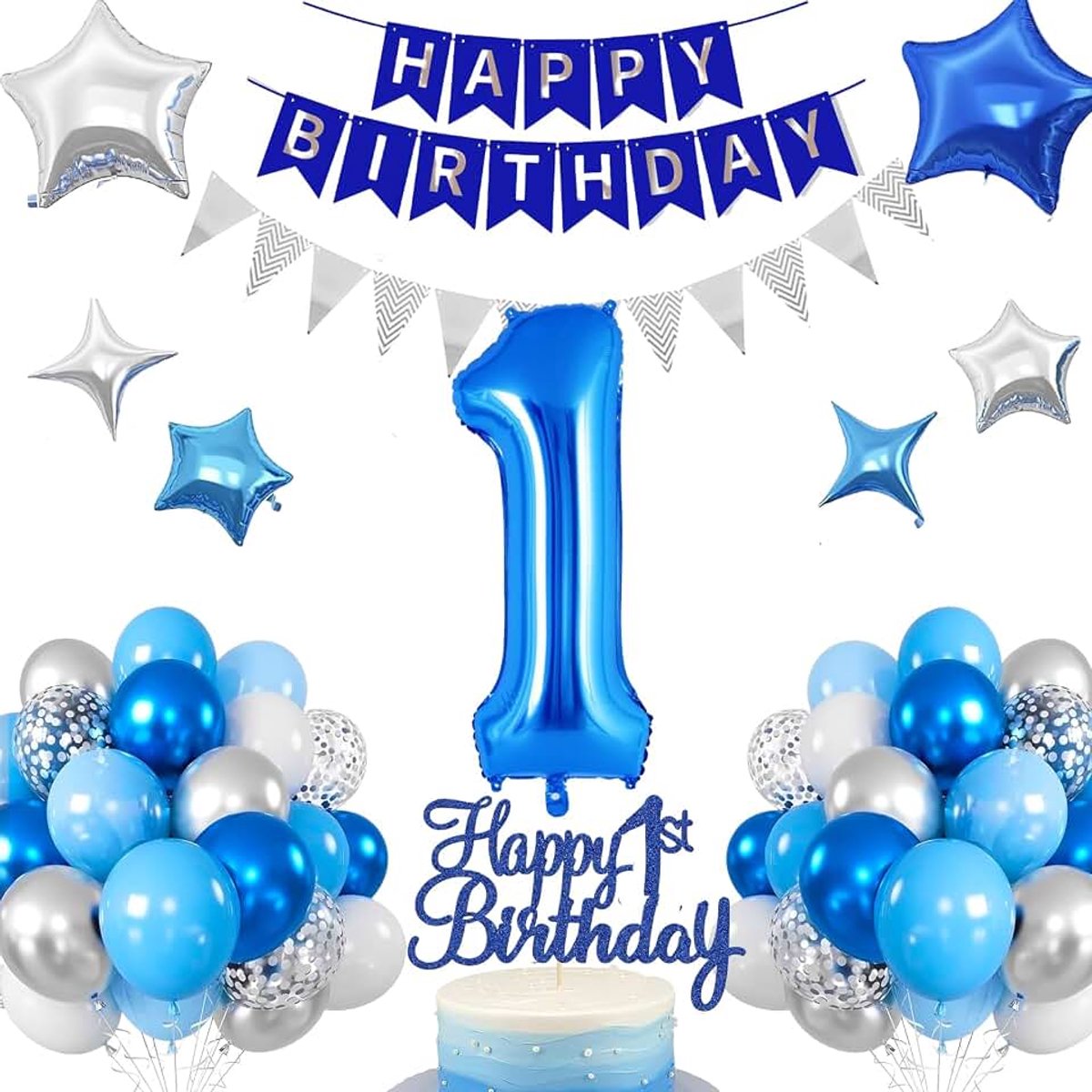 1e verjaardag decoratie blauw, ballon 1e verjaardag, verjaardagsdecoratie 1 jaar jongen, folieballon cijfer ballon 1. Happy Birthday slinger ballon 1e verjaardag decoratie