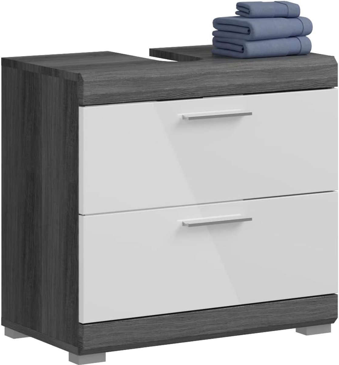Xonox.home Badkamer Scout X06B2707 Wastafelonderkast onderkast kast in wit hoogglans corpus rookzilver Nb.ca. 60x56x34 cm met laden
