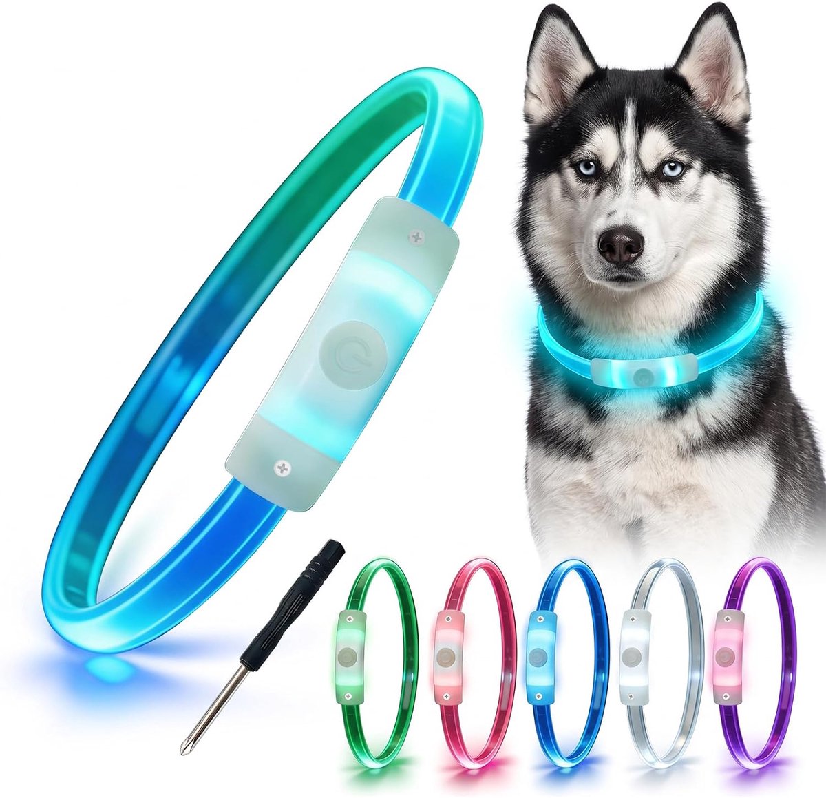 halsband voor honden, led-hondenhalsband, oplichtend, oplaadbaar, waterdicht, meerkleurig, instelbaar, 3 verlichtingsmodi, huisdier, veiligheidshalsband voor kleine, middelgrote en