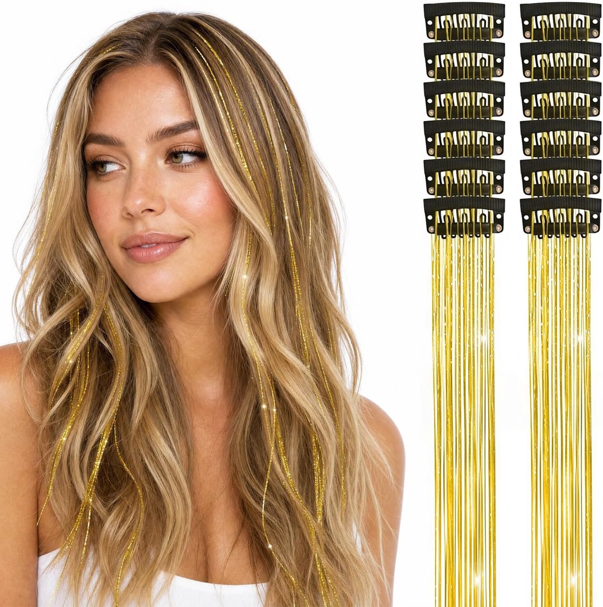12 stuks Haarklitten met clip, 50 cm gouden glanzende haarverlengingen, feestaccessoires voor dames, meisjes en kinderen, goud