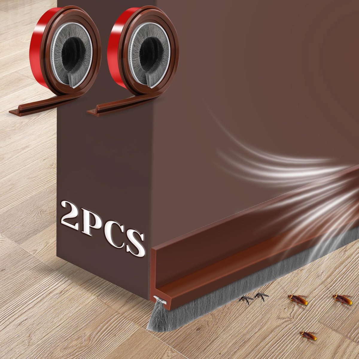 Famanu – 2 stuks 100 × 3 cm deurborstelafdichting, zelfklevend, bruin, deurvloerafdichting, borstel, tochtstopper, op maat te snijden, deurbezem onderaan, vloerafdichting met borstel voor insectenbestendig