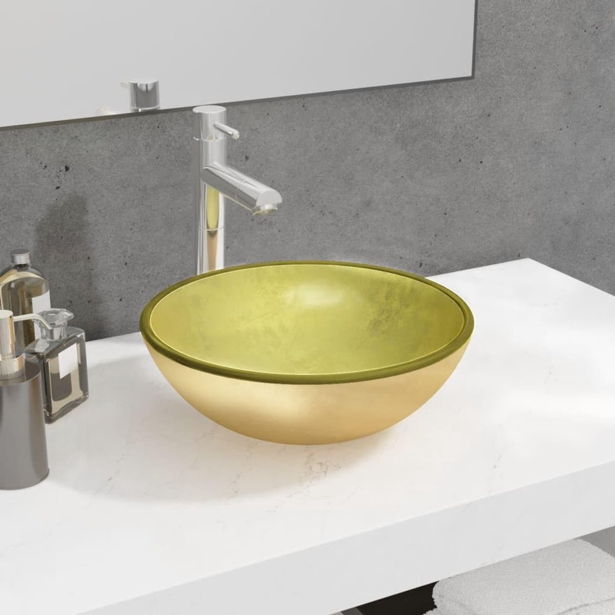 Wastafel van gehard glas, goud, 35 x 12 cm, opzetwastafel voor badkamer, gastentoilet