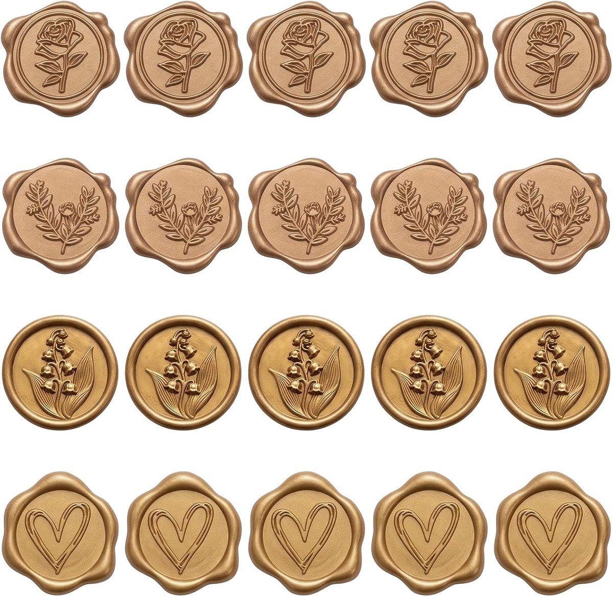 20 stuks zelfklevende zegelstempels voor bruiloftsuitnodigingen, wasstickers met reliëf van bloemen en planten, antiek brons, voor enveloppen, geschenken en knutselwerk (4 modellen)
