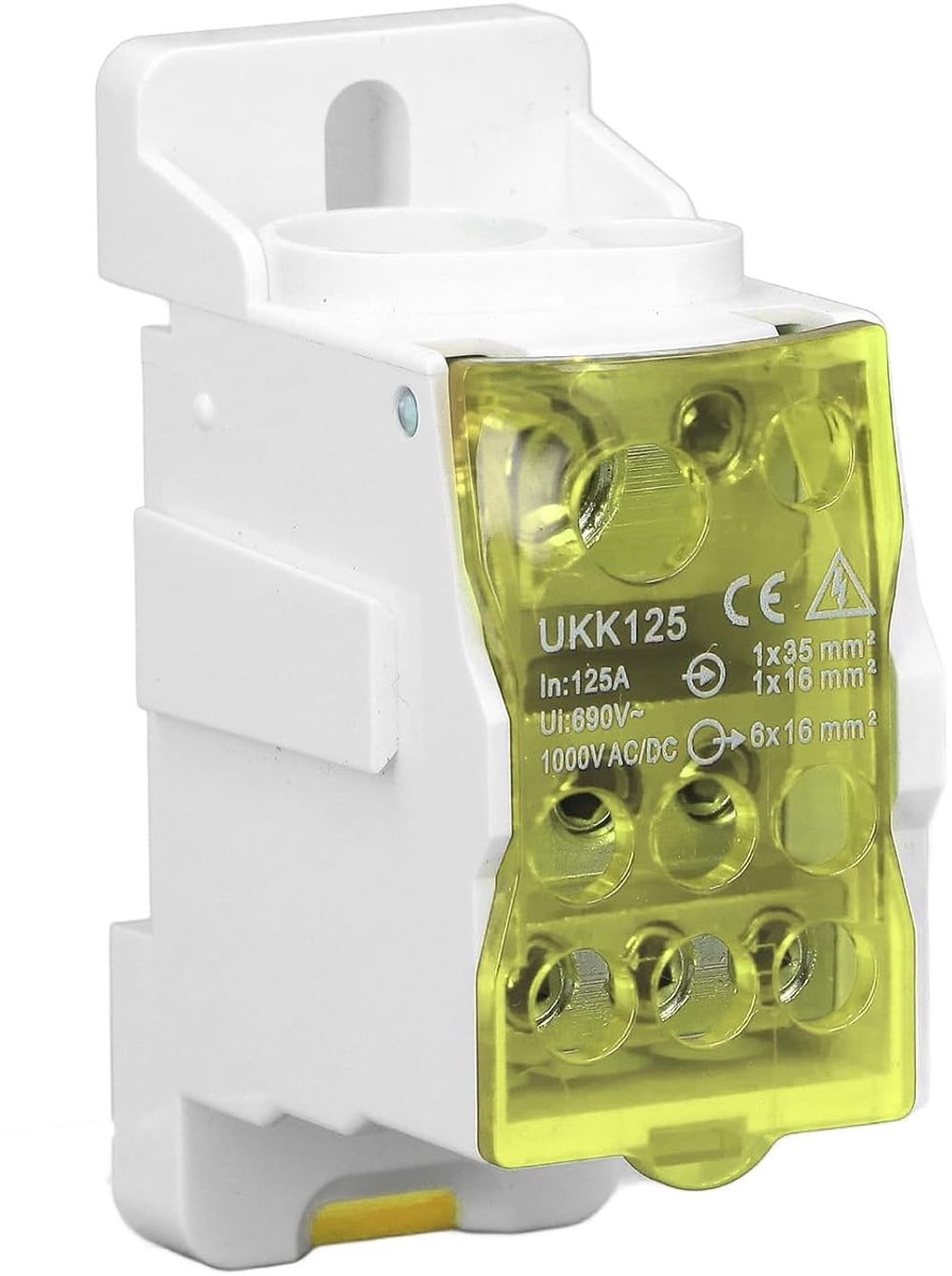 Klem voor DIN-rail, 125A C45 Terminalblok voor hoogspanning, 690V, geschikt voor verdeelkasten en elektrische installaties (Geel)