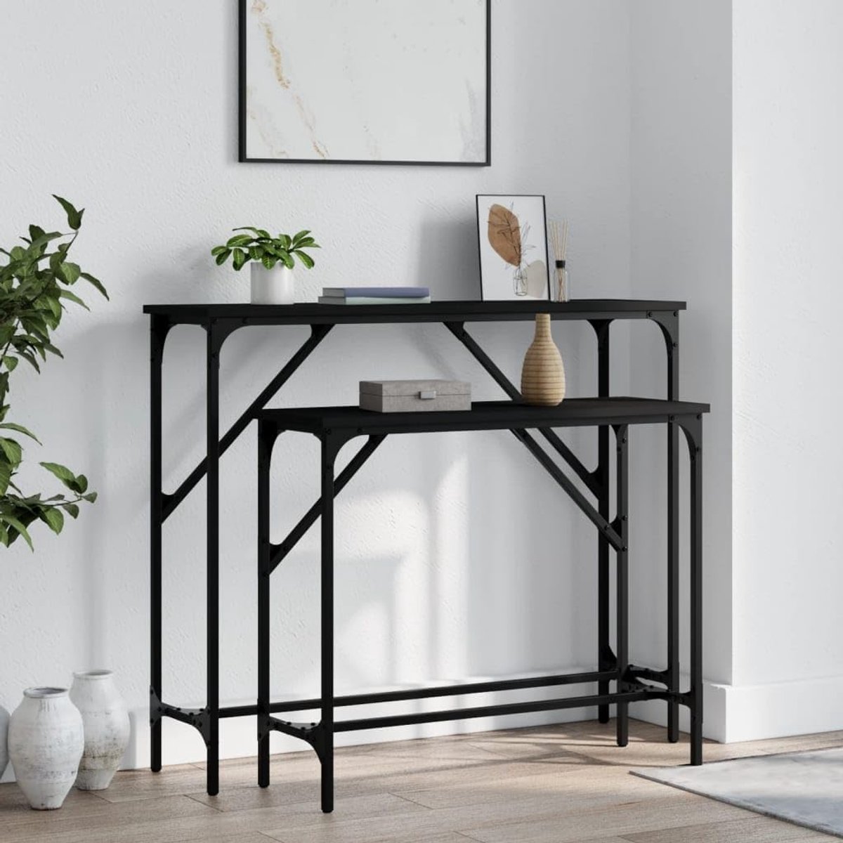 Consoletafels 2 STK. Zwart houtmateriaal met metalen frame, smalle consoletafels set van 2 voor hal, woonkamer, verstelbare poten, inclusief wandhouder
