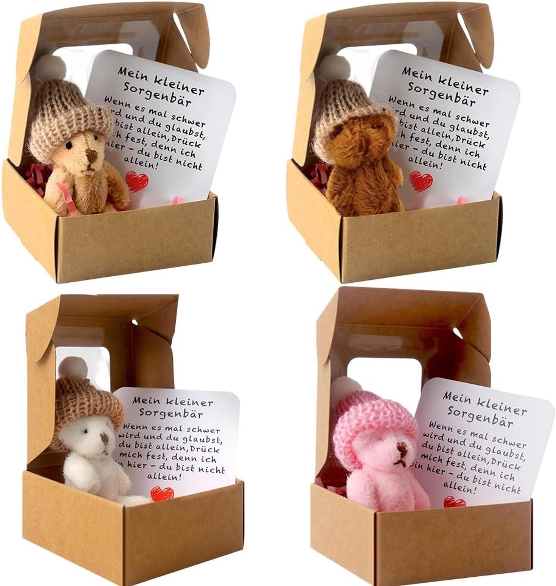 4 stuks Pocket Hug Positive mini-teddybeer, beer in een doos, mini-pluche figuren, grappige teddybeer, pop, zorgenbeer, omarming in een doos, handgemaakte mini-pluche beer