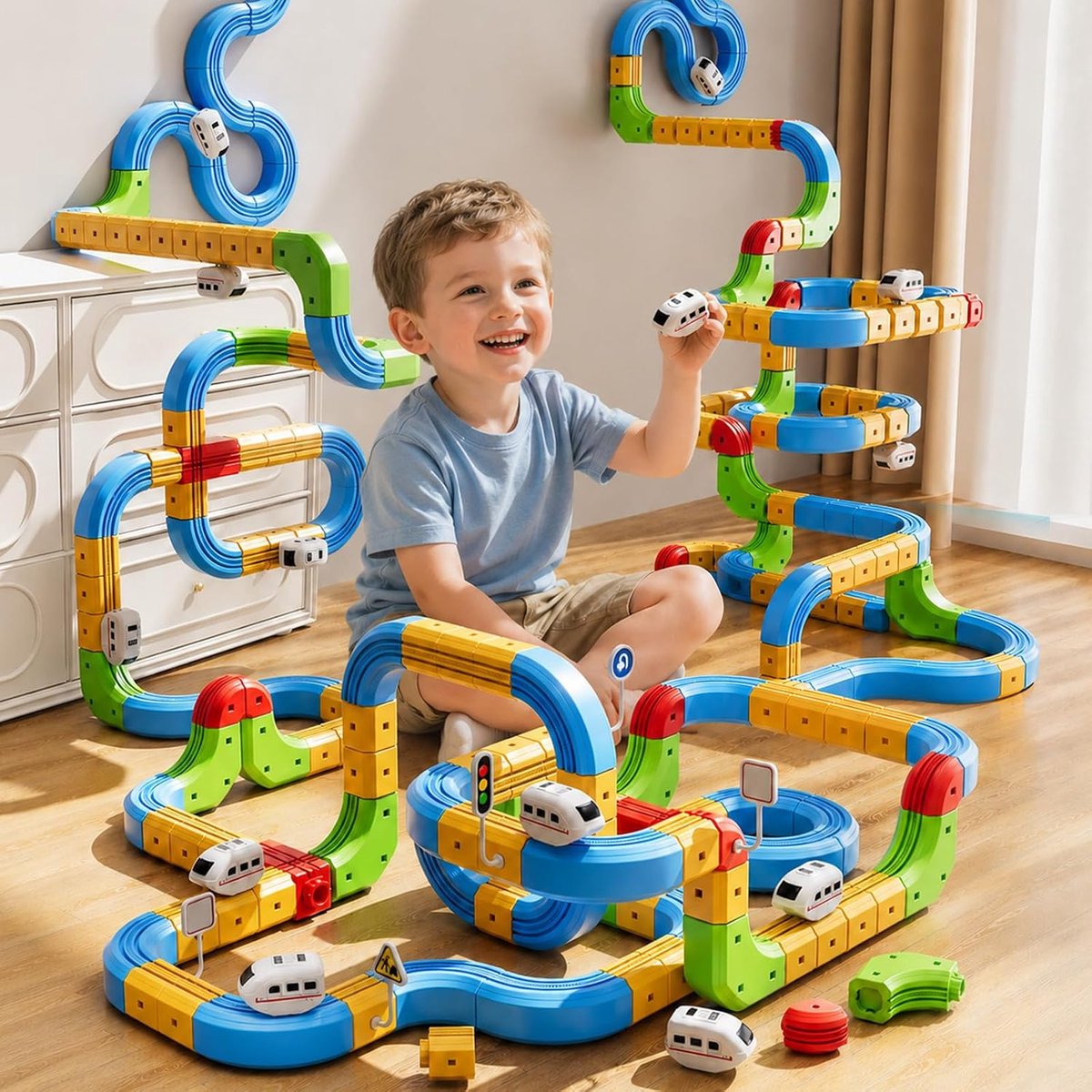 Spoorwegspeelgoed, 4, 5, 6, 7, 8 jaar, 3D-racebaan, snelbaan, speelgoedset met verkeersteken, STEM-treinset voor jongens en meisjes, peuters, speelgoed