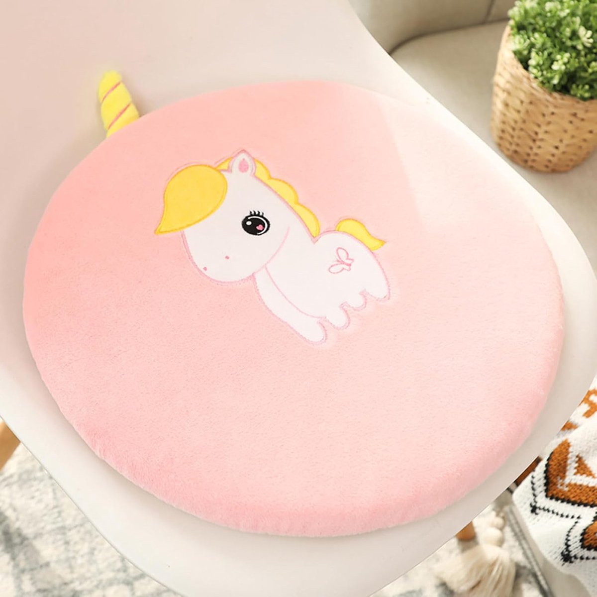 stoelkussen, zitkussen, kinderen, cartoon, dierenkussen, traagschuim, zitkussen met afneembare overtrek, 40 cm, stoelzitkussen voor buiten en binnen, tuinstoel (eenhoorn)