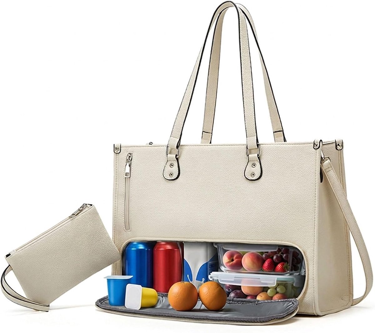 Lunchtas voor dames, laptoptas van leer met geïsoleerd lunchvak, 3-in-1 lunchtas, handtas, multifunctionele draagtas, computertas voor zaken, kantoor, school (C-wit)