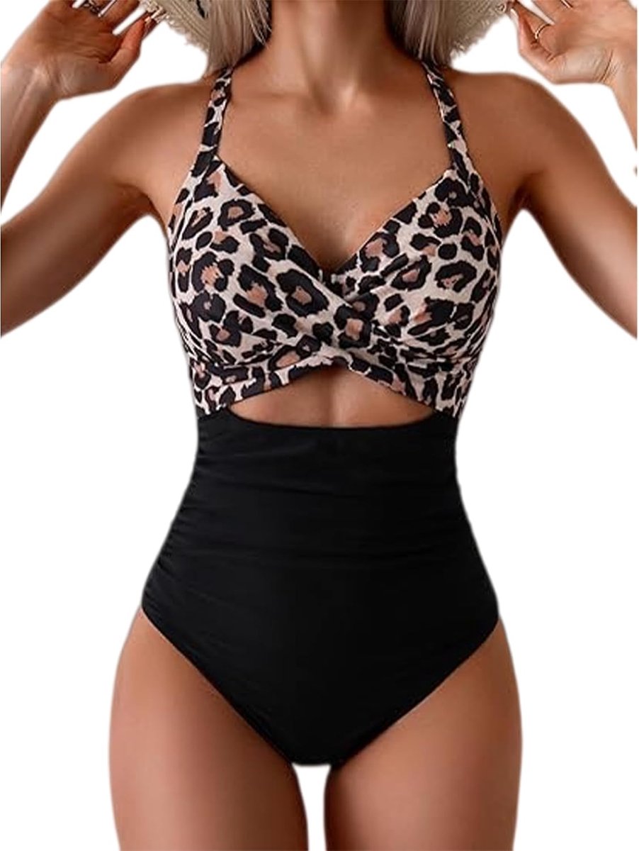 Badpak voor dames, platte buik, monokini, hoge taille, ruches, V-hals, sexy, badmode, strand, nekhouder