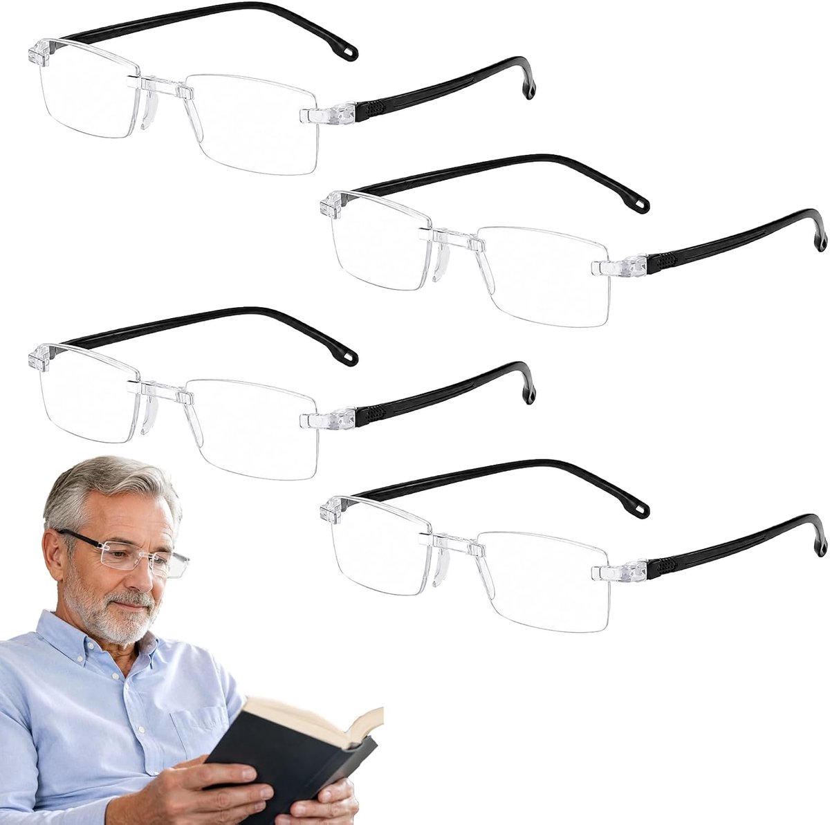 4 stuks, intelligente zoom, vergrotingsbril, leesloep, ideaal voor lezen, naaien, werken op afstand, brildrager, anti-blauw licht, frameloze leesbril met anti-stralingsfunctie