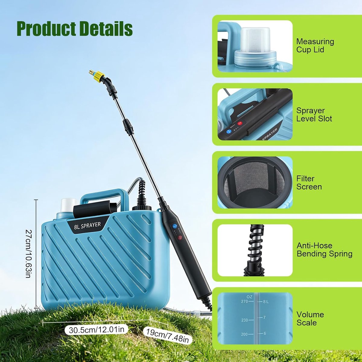 8 liter, 7,4 V, sterke elektrische plantensproeier, met 3 sproeiers en verstelbare schouderriem, USB-oplaadbaar handvat met telescoopstang voor tuinspuit, onkruidspuit en